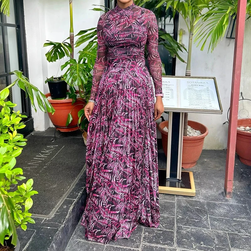 

Платье с высоким воротником, принтованным узором, длинными рукавами и плиссированной длинной юбкой, в стиле Ближнего Востока/Дубая, повседневное, для ранней весны, новое, приталенное.