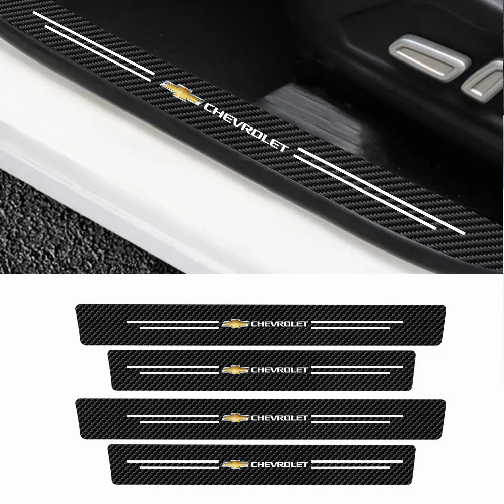 4pcs/set Carbon Fiber Leather Car Door Sill Scuff Plate Decor Carbon Fiber Stickers For Chevrolet Trax Malibu SS Equinox Impala