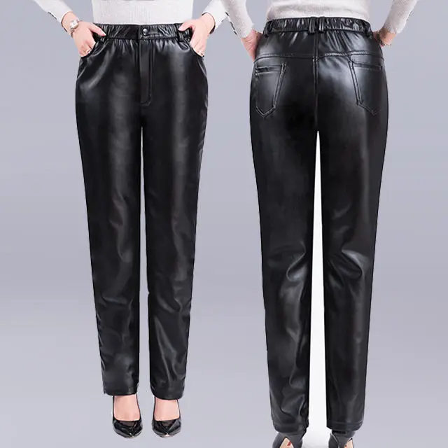 

New Faux Leather Elastic Waist Cargo Pants Women Streetwear Vintage Stylish Chic Loose Straight Trousers Mujer Spring V226