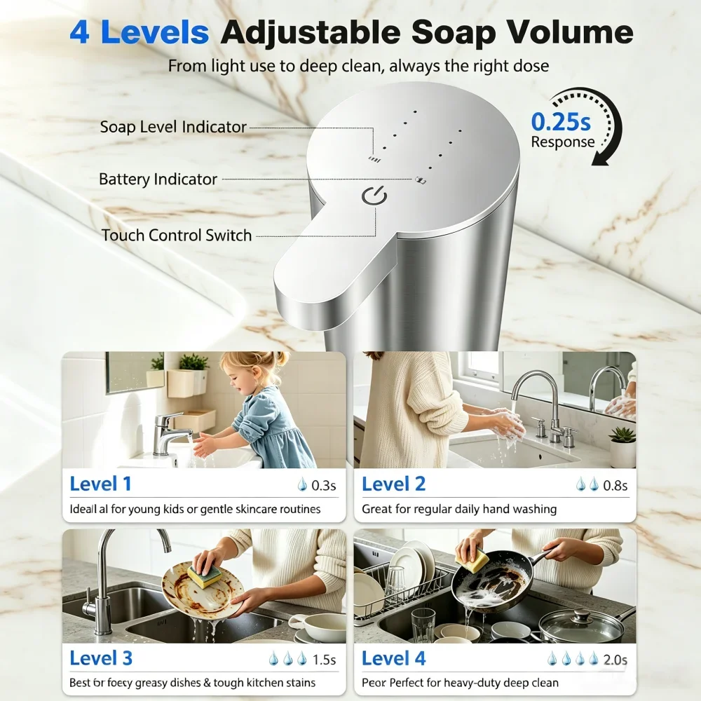 USB Rechargeable Automatic Soap Dispenser,Kitchen and Bathroom Hand Sanitizer Contactless Stainless Steel Foam Dispenser 400ML