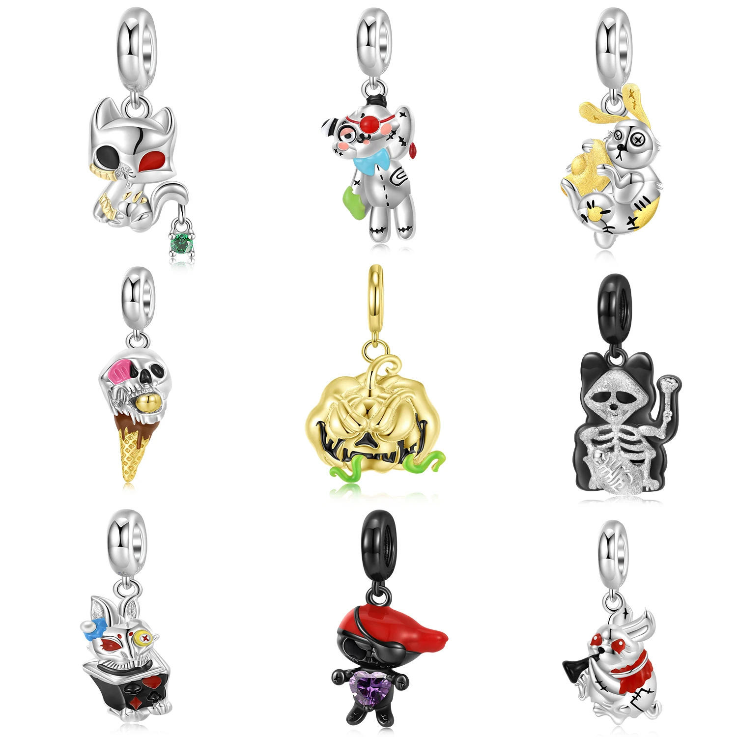 925 Sterling Silver scheletro scheletro cuore mago coniglio gatto animale ciondolo perline Charms per le donne fai da te braccialetto braccialetto