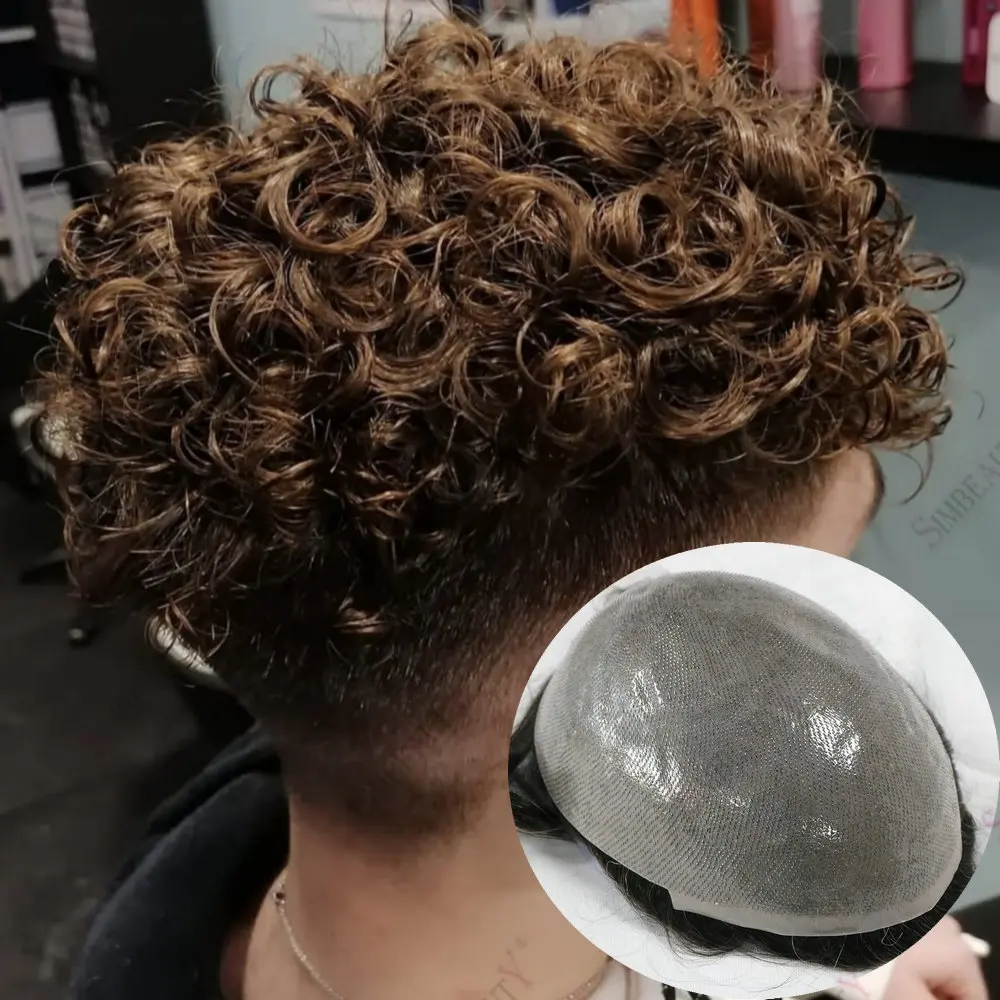 

20 мм вьющиеся коричневые блондинки серые ультратонкие кожаные основы мужские парики человеческие волосы 0,06 мм естественная линия волос полная V-образная петля капиллярный протез