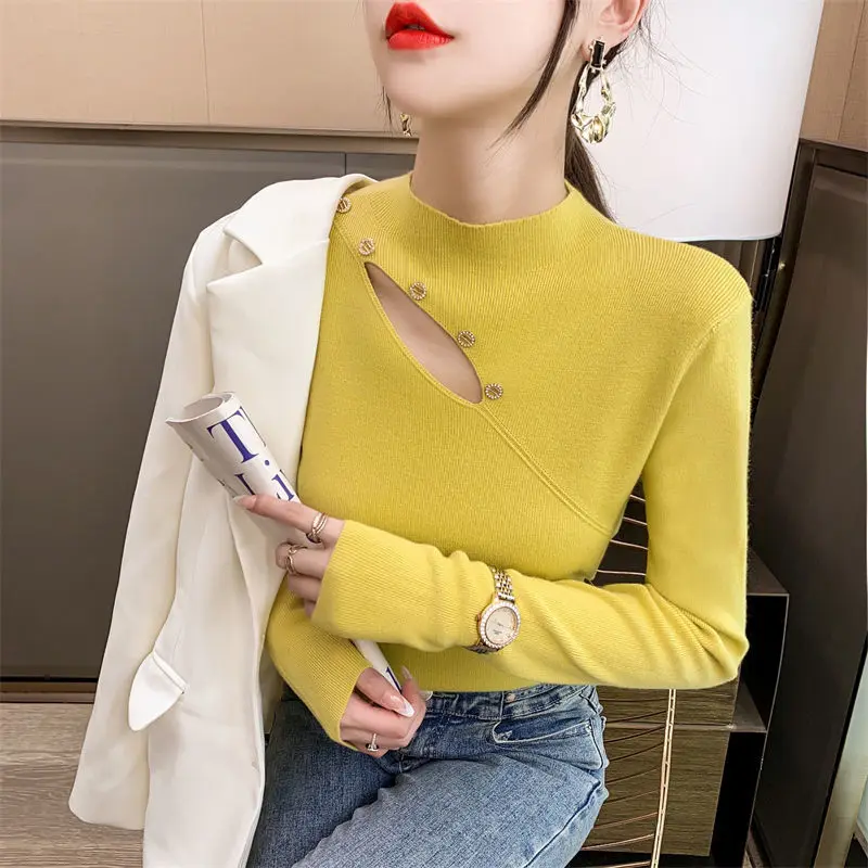 Korean Fashion Autumn Sweaters Pullovers Women Mock Neck Solid Button Office Lady Bottoming Female Slim Long Sleeve Knitted Tops