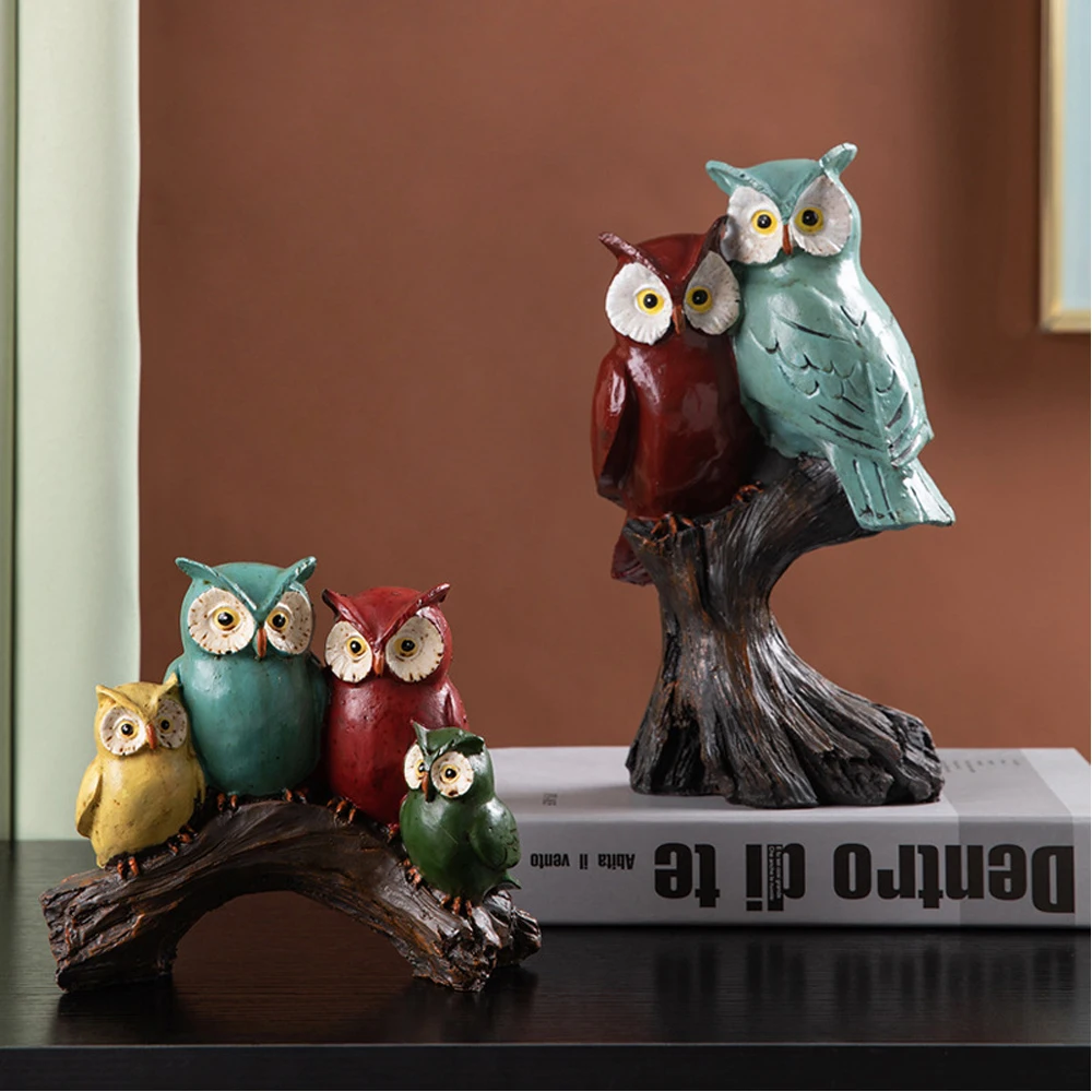 Funny Animal Bird Owl Family Forest Tree Stump Style Statues Lovely Home Ornament Sculpture Cute Desk Decorations Figurines Toys