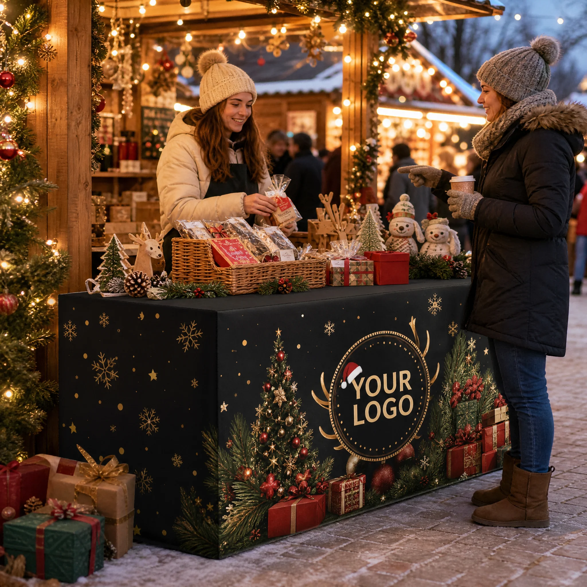 Custom Christmas Vendor Table Cover, Personalized Logo Text Pattern Tablecloth for Holiday Market Stall, Craft Fair Booth and Sm
