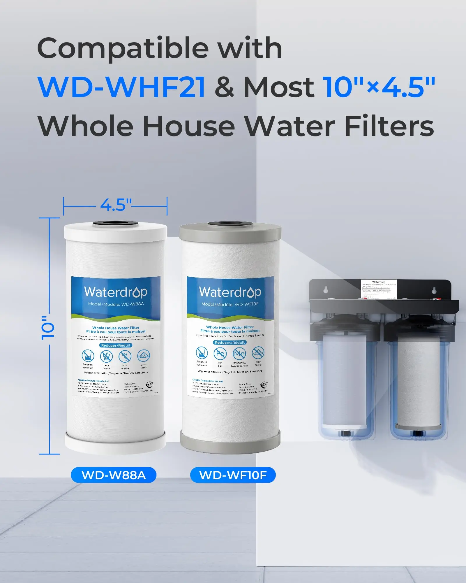 Waterdrop WF10FG Whole House Water Filter, Compatible With WHF21-FG, Replacement for GE® FXHTC, GXWH40L, Ispring, Culligan® RFC-BBSA, Whirlpool®, Any 10