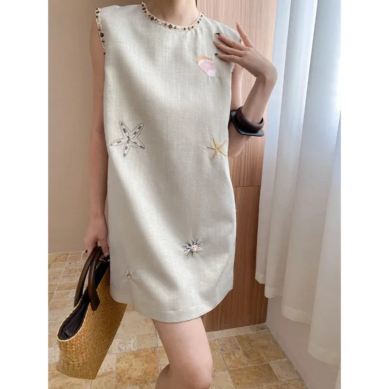 

Flax Blend Round Neck Beaded Embroidered Loose Vest Dress Women Summer Fashion Sweet Sleeveless Small Fragrance French Dress