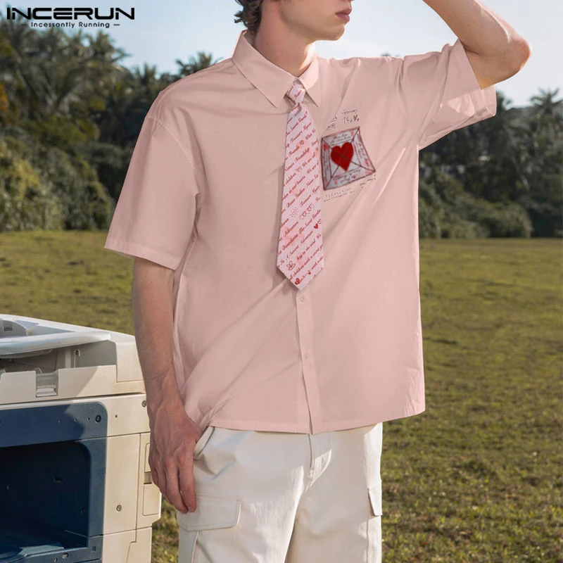 INCERUN الرجال قميص الطباعة اللون كتلة التلبيب قصيرة الأكمام فضفاضة الرجال الملابس الشارع الشهير 2025 الكورية نمط موضة قمصان غير رسمية