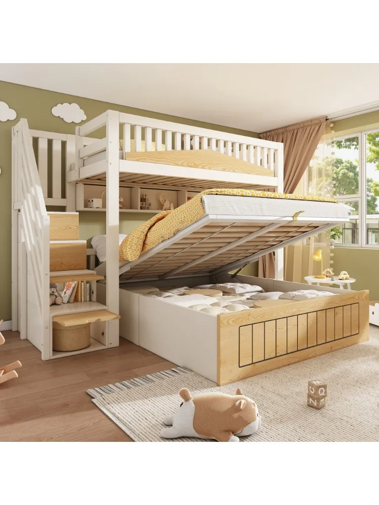 90x200 & 140x200cm Kinder-Etagenbett aus Holz, mit Aufbewahrungsschrank und Treppe, Sicherheitsgeländer und USB-C-Anschluss, ohne Matratze