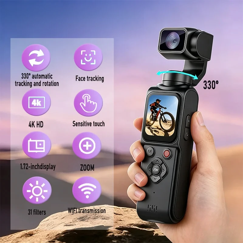 Caméra d'action 4K 180 °   Caméra de poche à rotation automatique, écran tactile 1,9 pouces, zoom, caméra sportive portable, enregistreur vidéo pour vlog, cyclisme