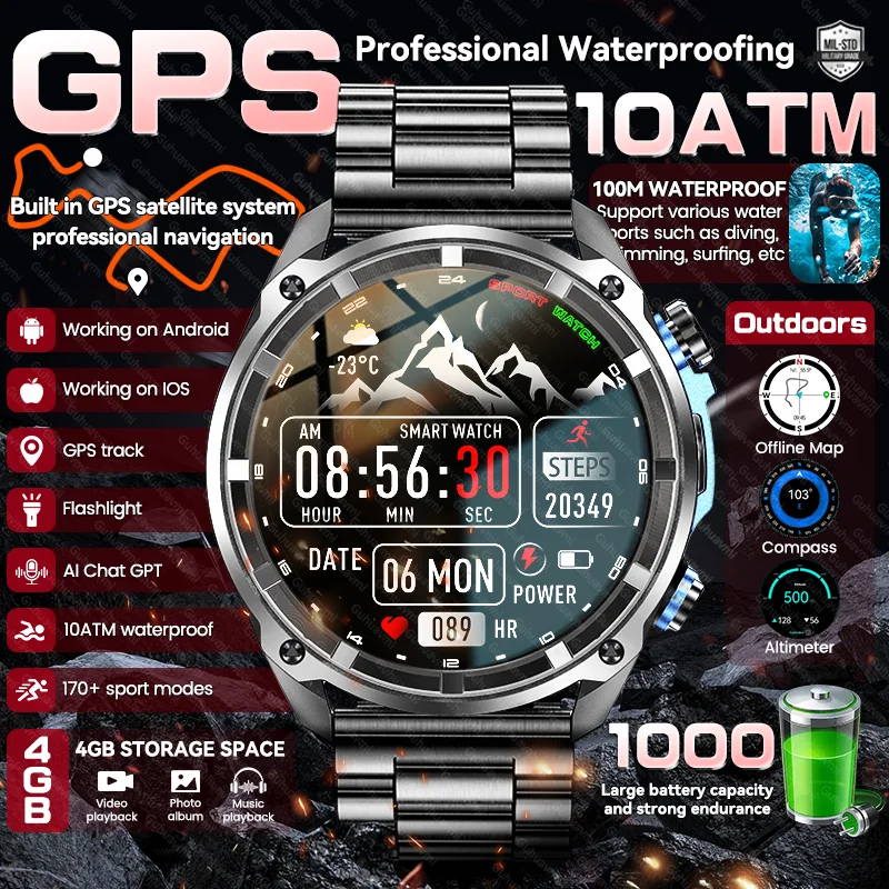 Neue Militär Männer Genauigkeit GPS Smart Uhr Höhenmesser 10ATM Wasserdicht 1000 mAh Batterie Bluetooth Anruf 4 GB Speicher Erwachsene smartwatch