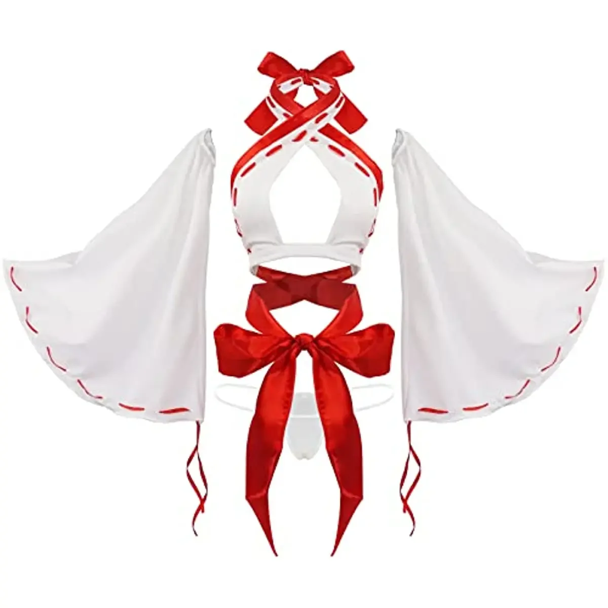 Traje de Cosplay de Anime japonés Miko para mujer, conjunto de sujetador y bragas tipo kimono rojo y blanco, disfraz de bruja