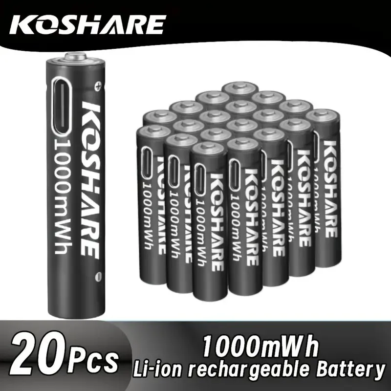 

KOSHARE USB-C 1.5V AAA Lithium Battery 1000mWh Type-C Rechargeable for Remote Control Toys Smart Door Locks with Free Cable