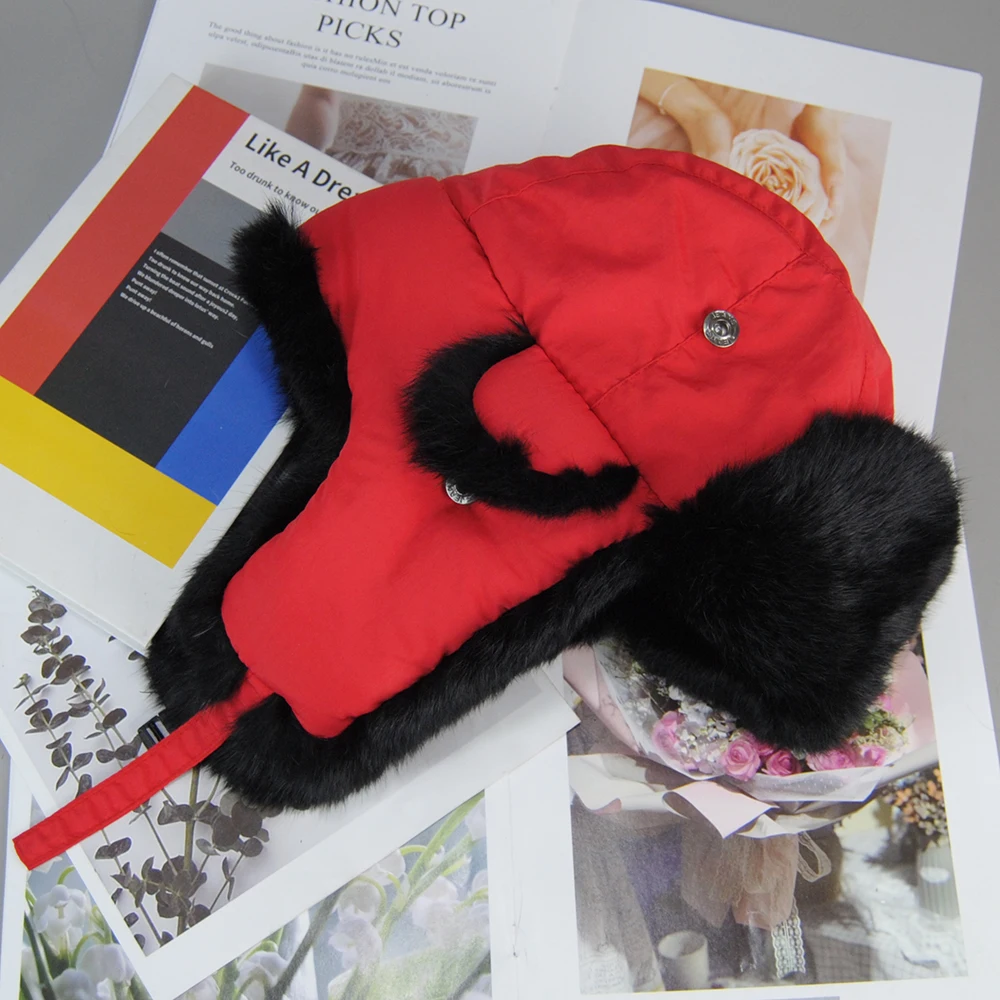 Rabbit Fur Bomber Hat Men Women Winter Russian Snow Cap with Earflaps Thick Warm Trapper Ushanka Men Warm Bomber Hat