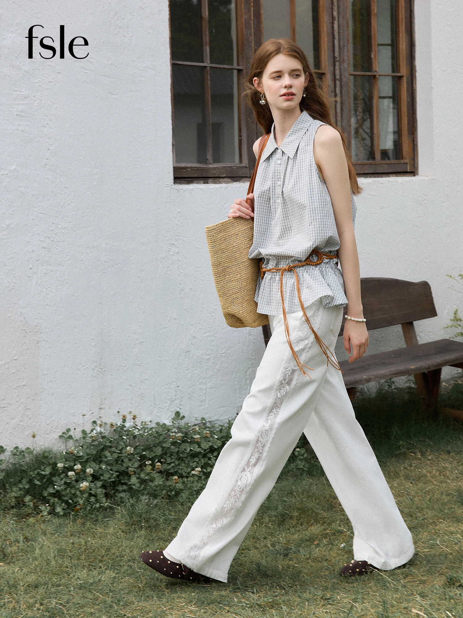 מכנסיים רחבים עם פסים משולבים בתחרה לנשים, 100% כותנה, הגעה חדשה לקיץ 2025, לבוש משרדי 25FS12767