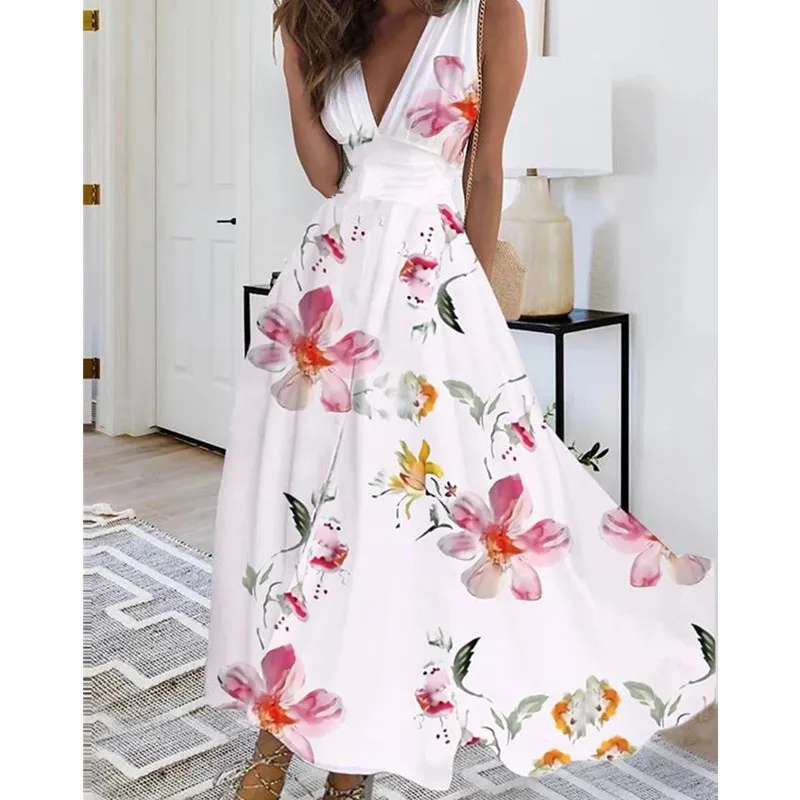 Women Dress Summer 2024 New Green Sleeveless Boho A-LINE Backless Shirring Long Dress Trendy Elegant Maxi Dress for Women Beach