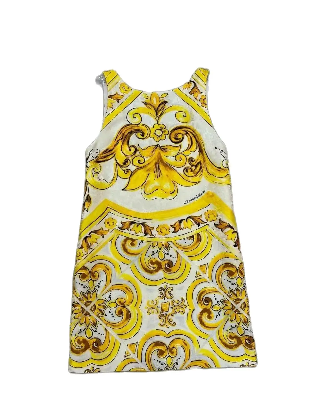 Summer Fashion Runway Designer Women Round Neck Sleeveless Yellow Baroque Printed High Street Backless Elegant Mini Vestidos