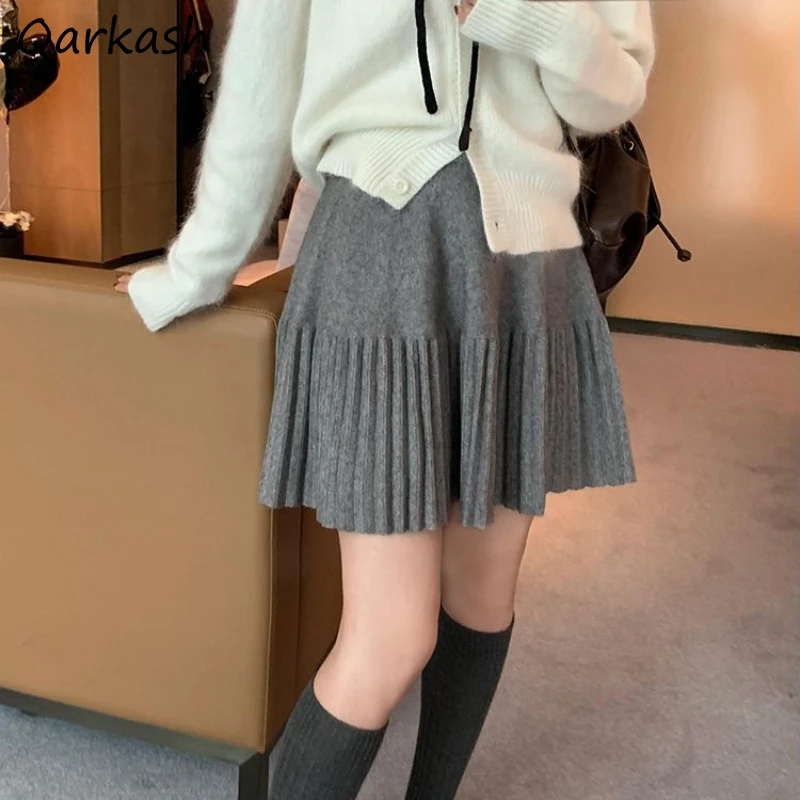 

Knitting Skirts Women Elastic Waist Pleated Loose Solid A-line Mini Design Simple Soft Casual All-match Spring Autumn Korean New