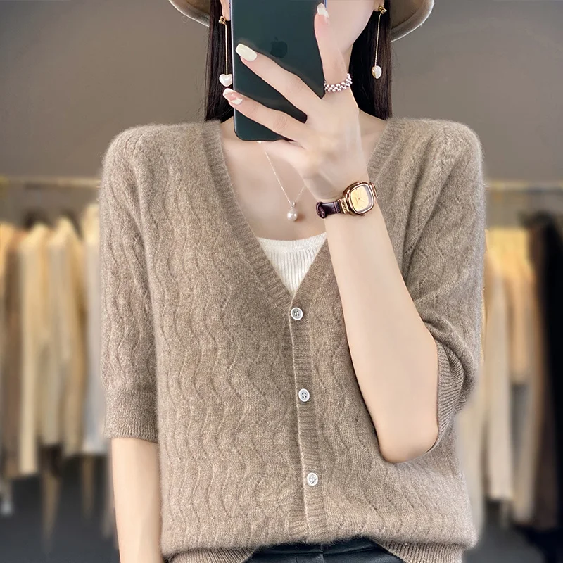 Women\'s T-shirt Summer New Line Hollow V-neck Fashion Knitted Loose Cardigan Top 100% Pure Wool Large Jacket Tank Top Tees