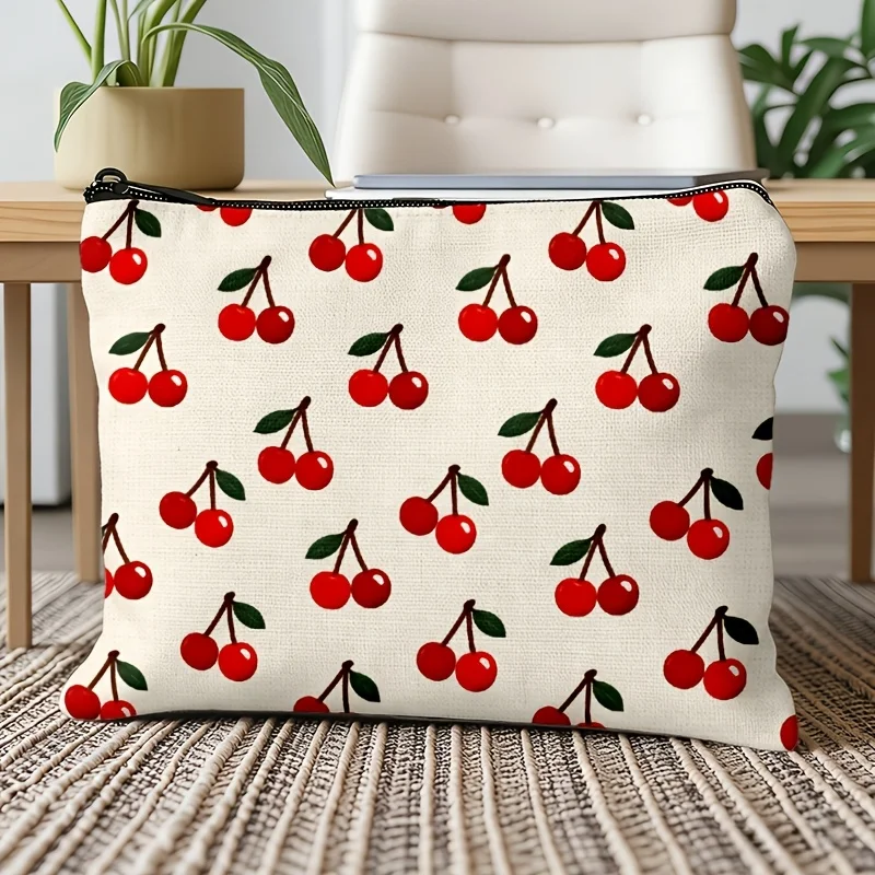 1pc Simple and Elegant Red Cherry Pattern Makeup Bag Lightweight and Portable Multi-functional Storage Daily Storage Pouch
