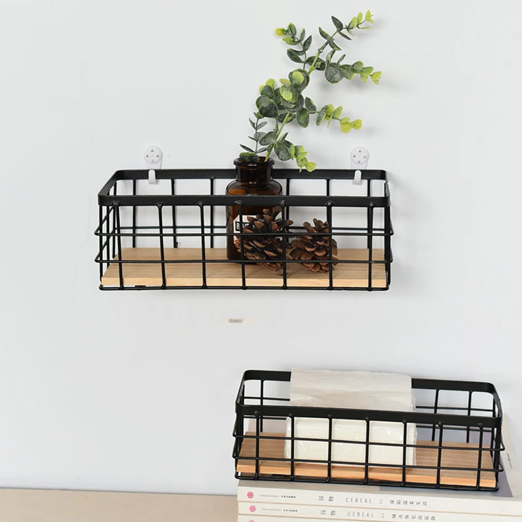 Metal Storage Basket Wood Base Wrought Iron Organizer Decorative Home Tableware Sundries Cosmetics Wall Decorations