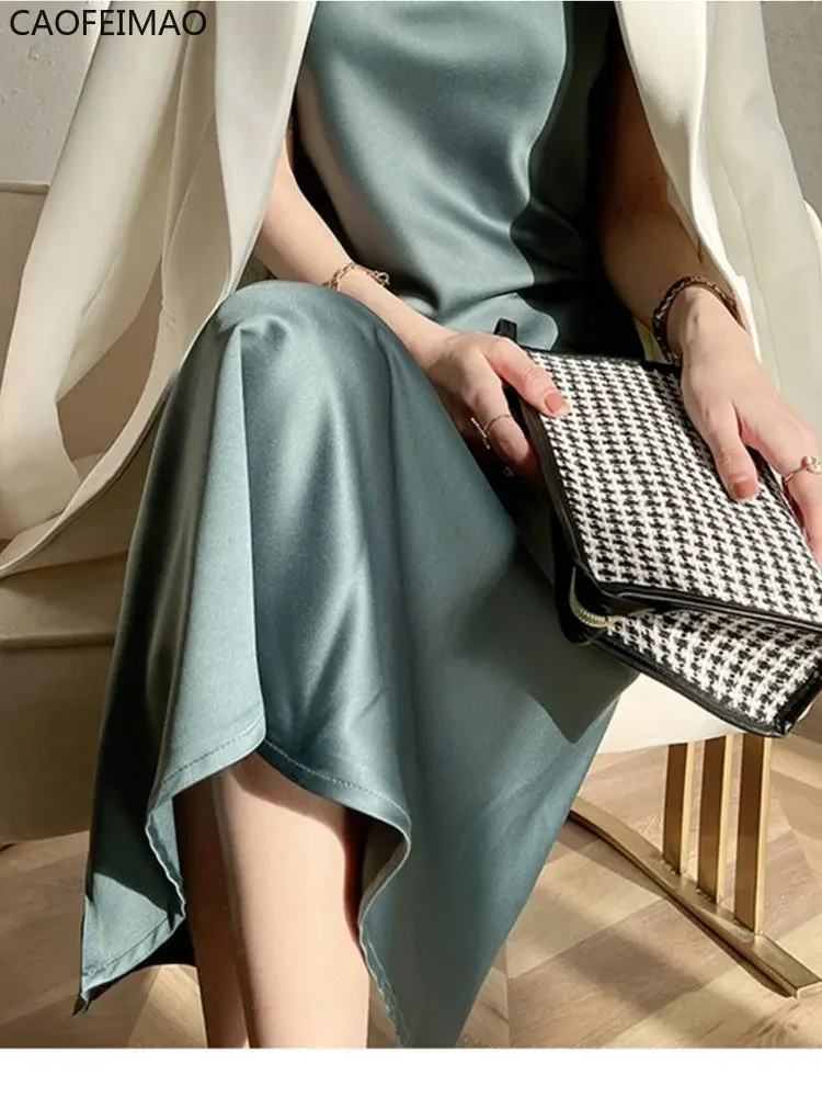 Caofeimao-女性用シルクノースリーブドレス,Vネック,スリム,セクシー,イミテーション,ロング,サマーファッション,2022