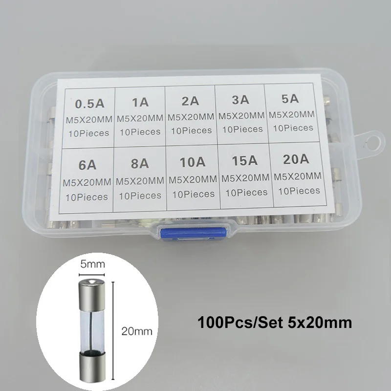 100Pcs/Set 5x20mm Quick Blow Glass Tube Fuse Assorted Kits,Fast-blow Glass Fuses 0.5A 1A 2A 3A 5A 6A 8A 10A 15A 20A M20