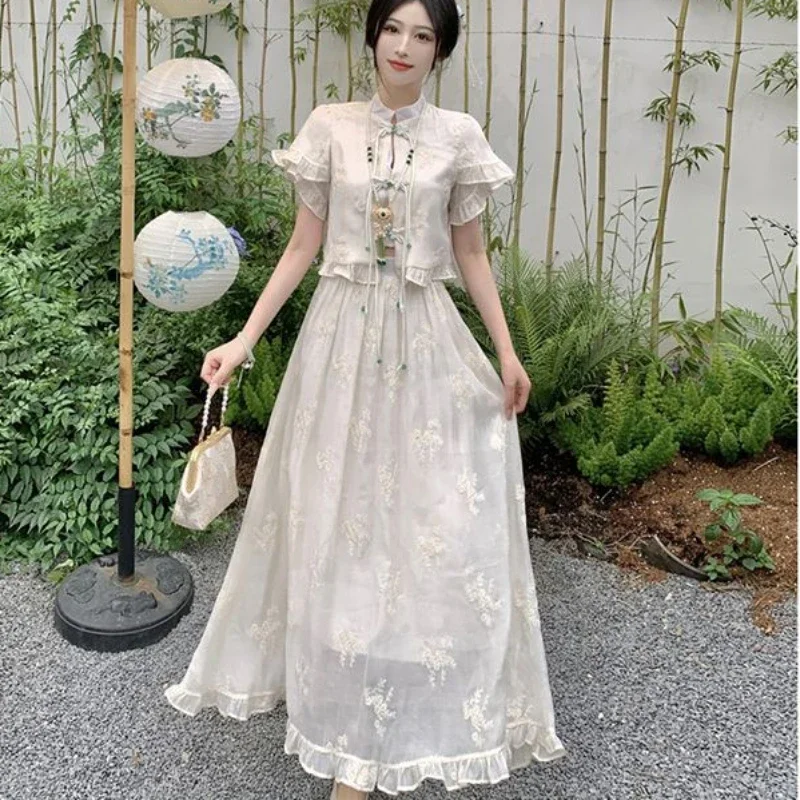 Sweet Lace Short Sleeve Top Half Skirt Set Women's Summer 2023 Fashion Skirt Suit Women's Traditional Chinese Clothing