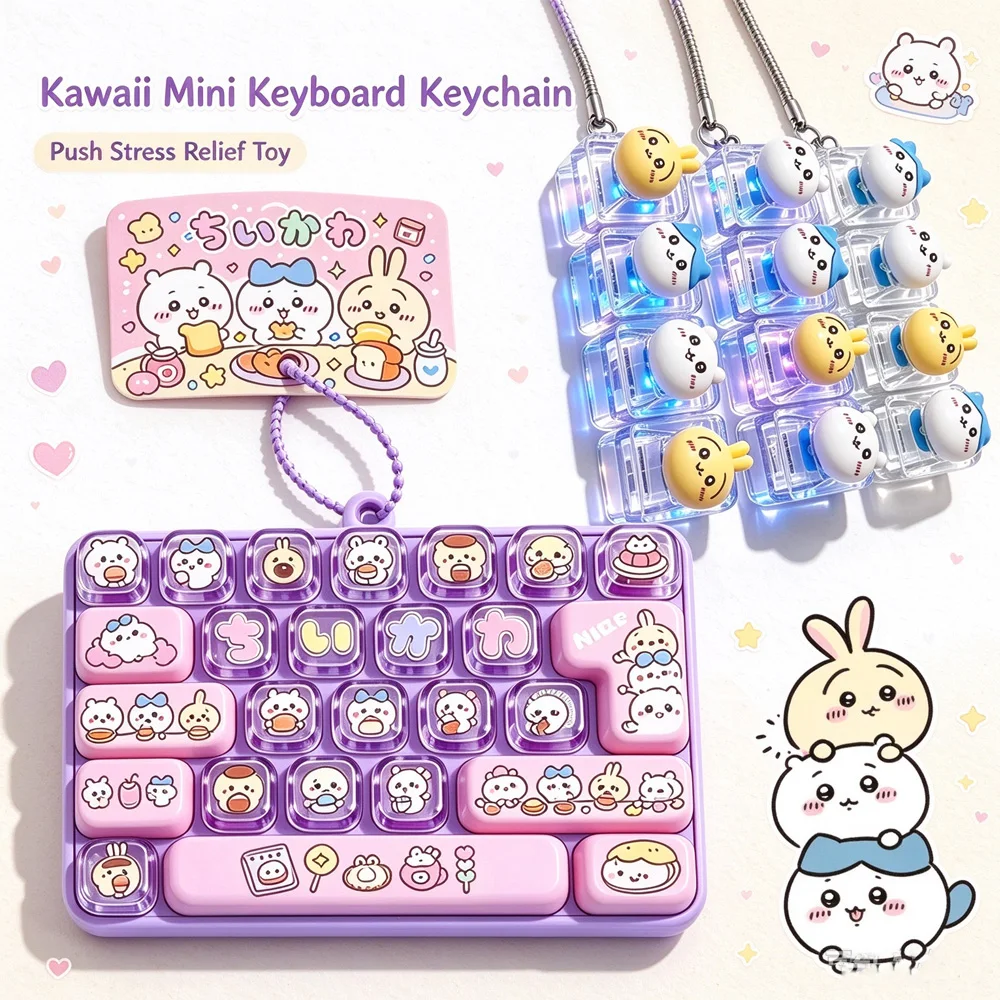 Chiikawa 26-Key Fidget Keychain Caps Clicker 4 Keys Light Up Pendant Cute Hachiware Usagi Stress Relief Toy Bag Charm Gift@