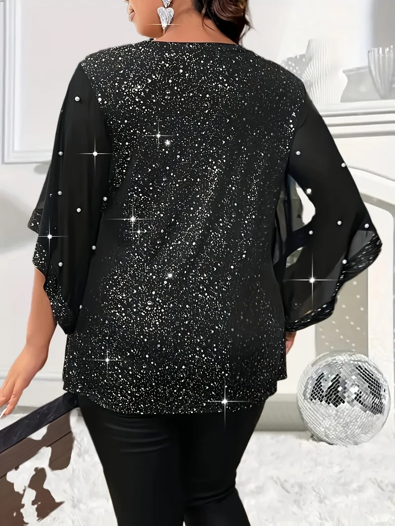 Plus Size 1XL-5XL Women\'s Casual Loose Comfortable Starry Sky Printed V-neck Mesh Patchwork T-shirt