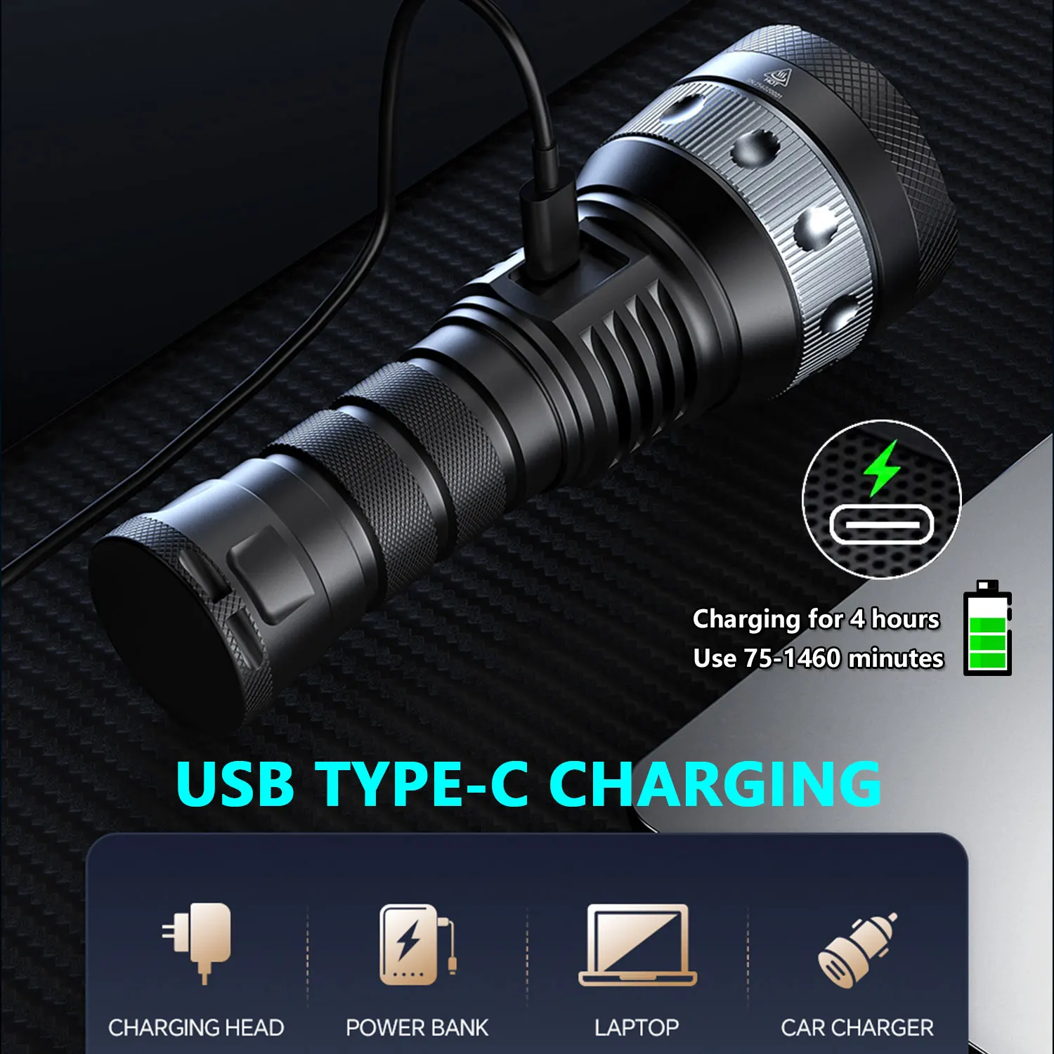 YEMAO A2C 21700 Torcia ricaricabile ad alta luminosità 6000 lumen Torce ad alta potenza COB Proiettore Zoom Torcia di emergenza esterna