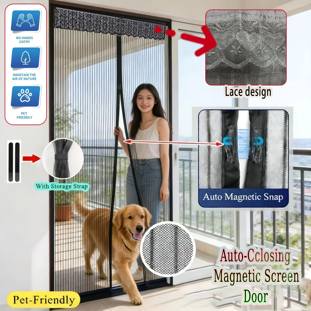 Strong Magnetic Automatic Sliding Fly Screen Door, Black Strip Easy-Install Mesh for Bedrooms, Kitchens & Living Rooms