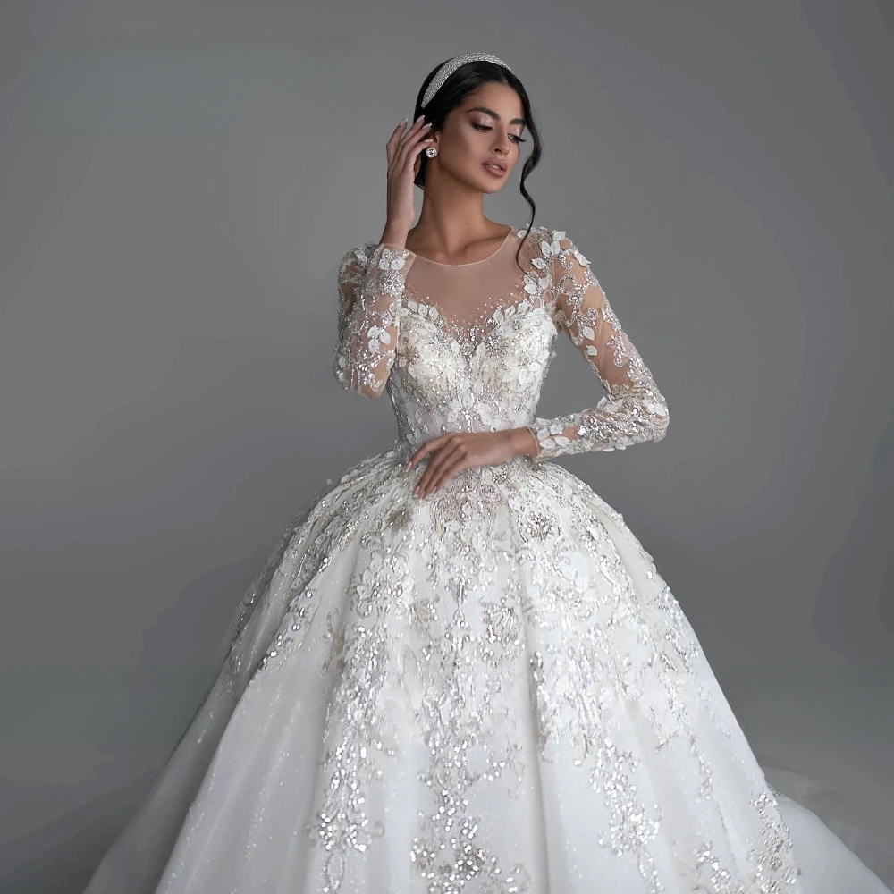 Precioso vestido de fiesta, vestido de novia elegante de tul con cuello redondo, vestido de novia de manga larga, apliques personalizados, vestido de novia de encaje con cuentas