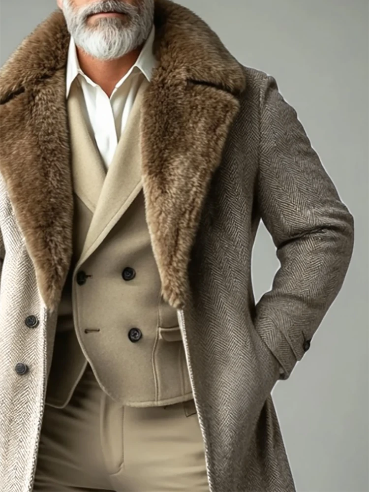 Herren Eleganter britischer Gentleman-Mantel mit Plüschkragen, einreihiges Revers, Herbst-Winter, warm halten, Taschen, Business-Jackenmäntel
