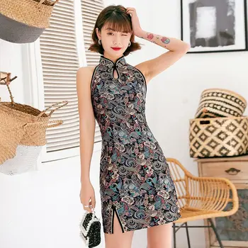 黑色超大尺寸 3XL 旗袍 Vestidso 傳統女士性感緞面夏季新款無袖迷你旗袍印花優雅旗袍 8 最佳銷售 女式旗袍 - №7