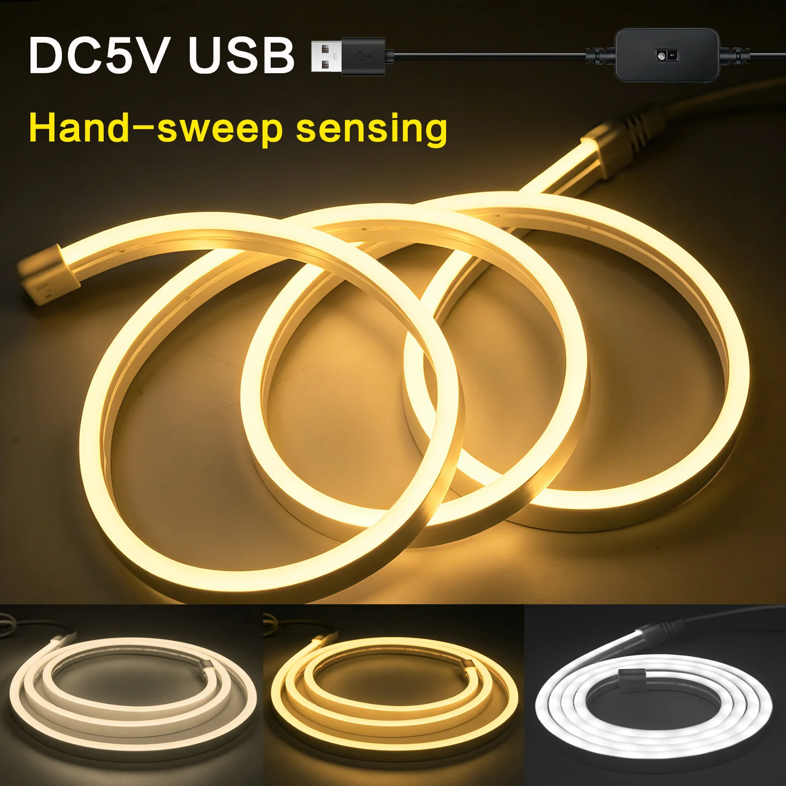 USB LED Strip Neon Lights DC 5V Smart Dimmer Hand Scan Sensor Switch Flexible Ribbon LED Tape Bedroom TV Backlight Warm White