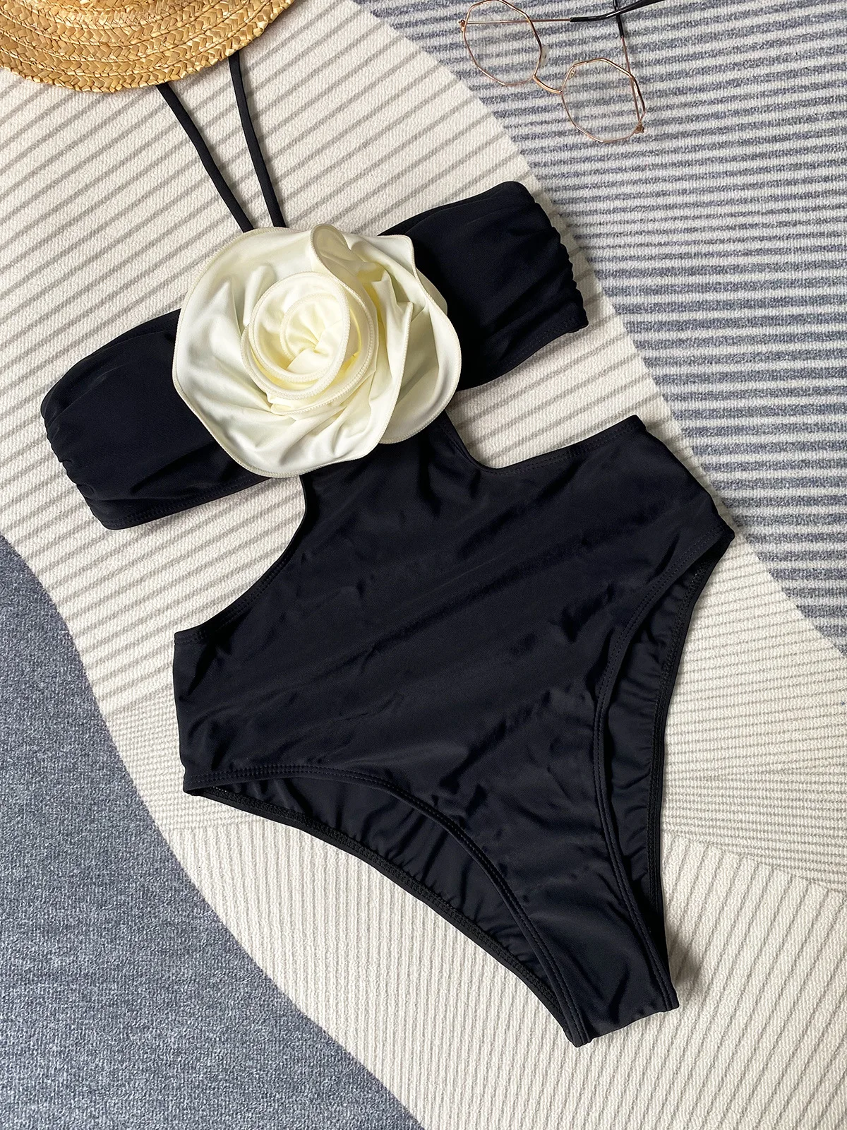 新しい黒のセクシーなワンピース水着バンドゥ女性の水着-3d-花水着トリキニ水着ビーチウェアプール海水浴者-2025