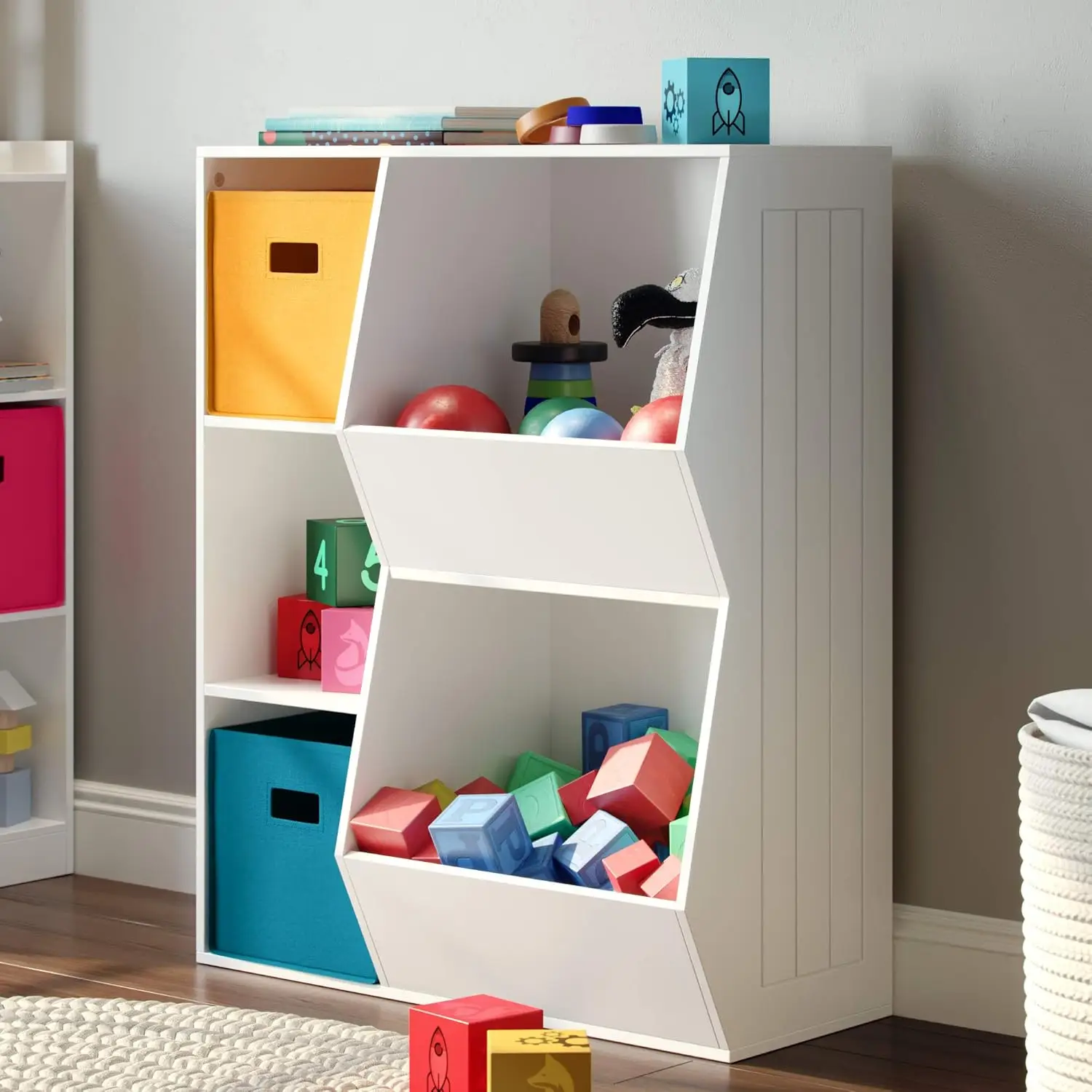 White Floor Storage Cabinet for Kids, 2-Veggie Bin, 3 Cubby