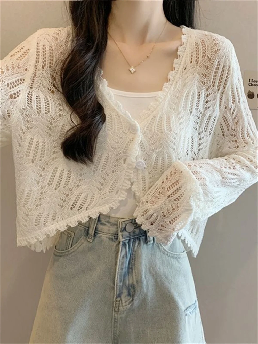 

2025 Korean Fashion V-neck Thin Knitted Cardigan Women's Summer Hollow Out Small Outer Cover Top
