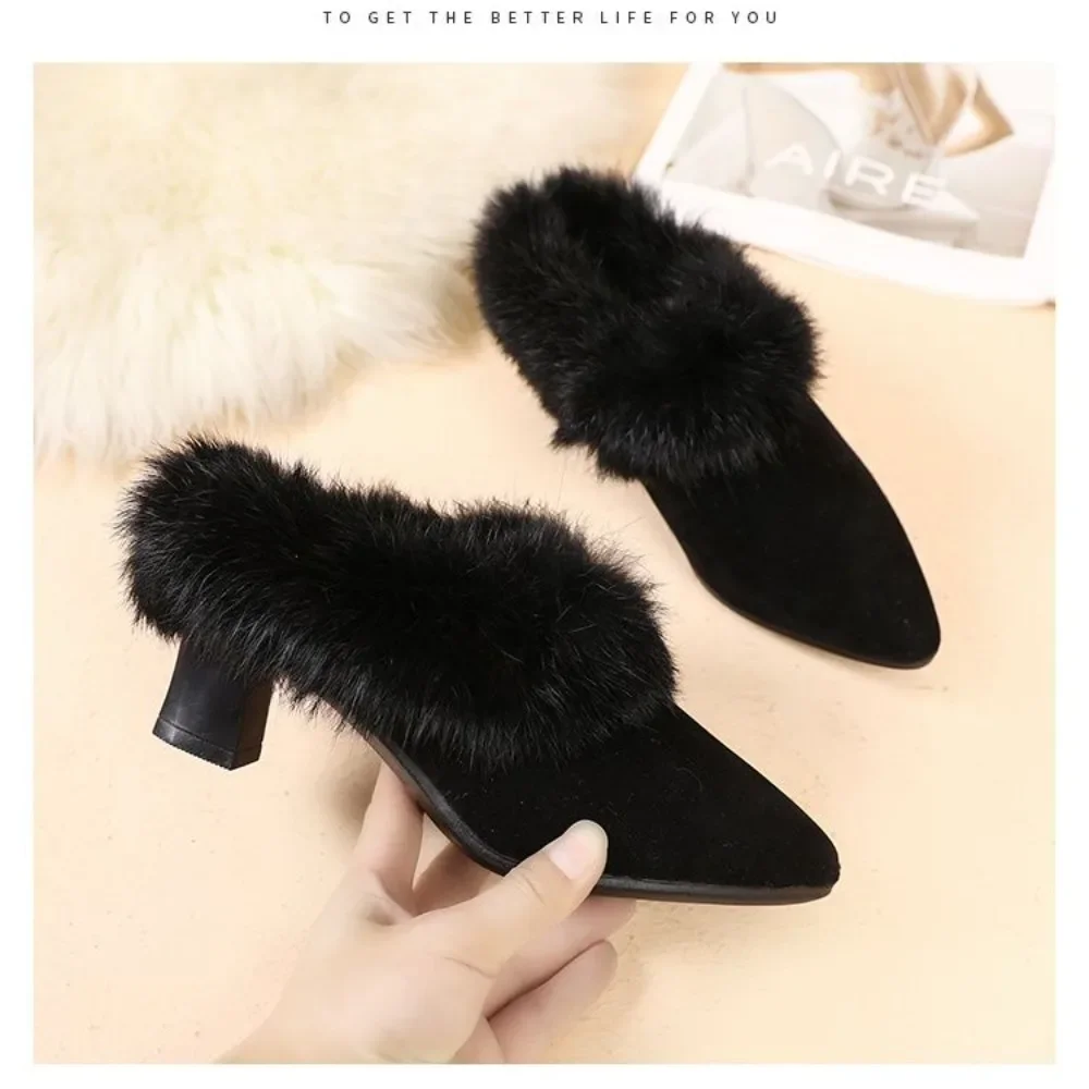 5CM Thick Heel Hairy Slippers for Women 2025 Winter New Style Outerwear Baotou Style Soft Leather Pointed Half Drag