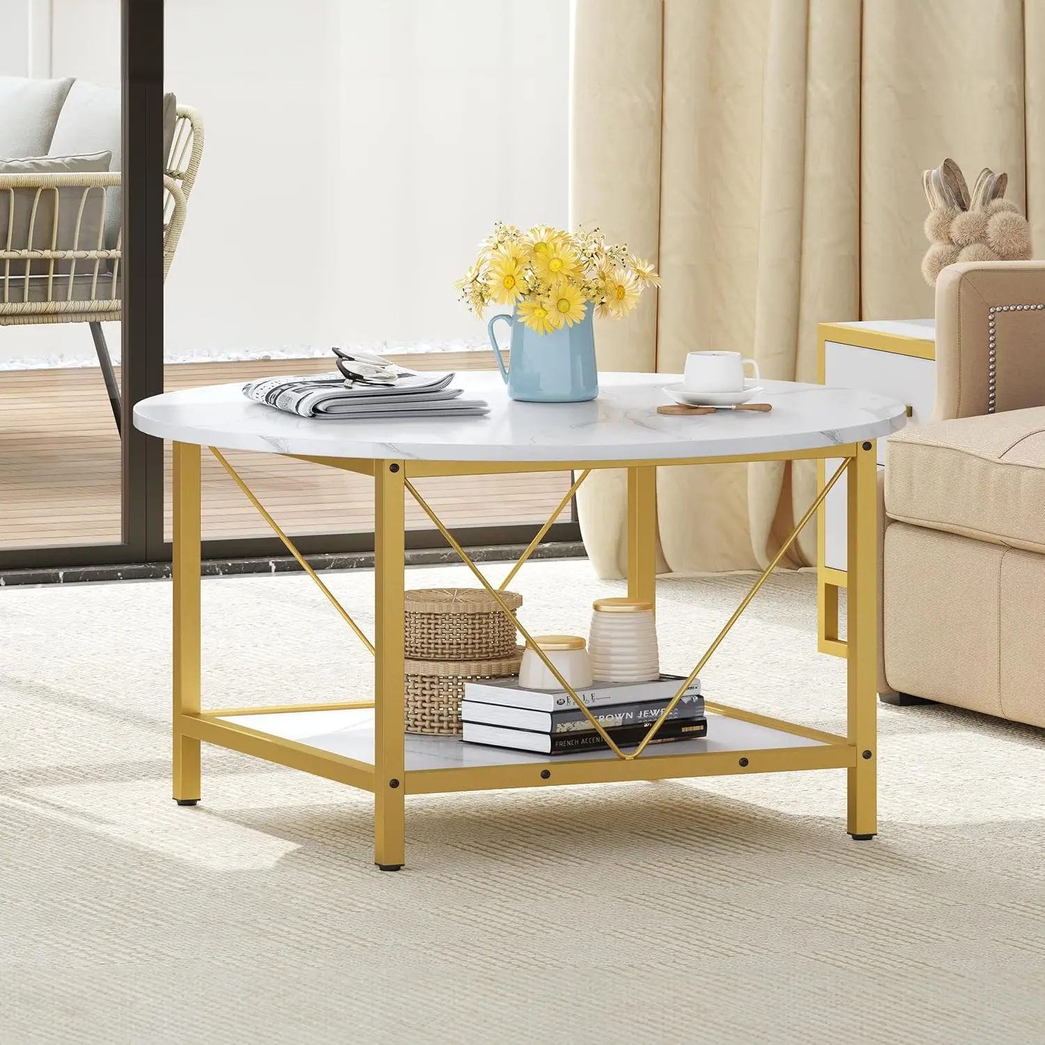 Round Coffee Table,Rustic Wood Coffee Tables for Living Room with Storage Shelf, Modern Farmhouse Circle Coffee Table Center