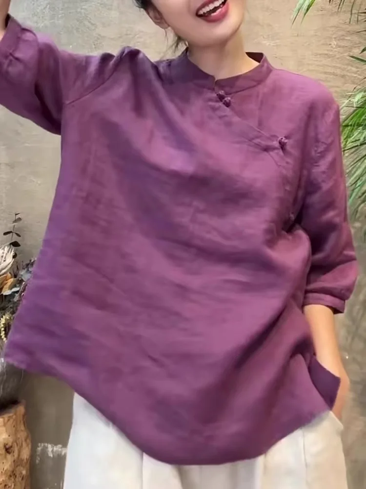 中国製綿麻紫ボタンシャツ女性初秋年齢軽減トップス麻五分袖スタンドカラーカジュアル