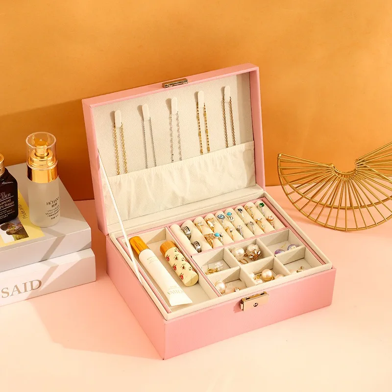 

Leather Jewelry Organizer Box Eardrop Jewellery Displays Case Household Necklace Storage Cases Desktop Rings Protect Boxes