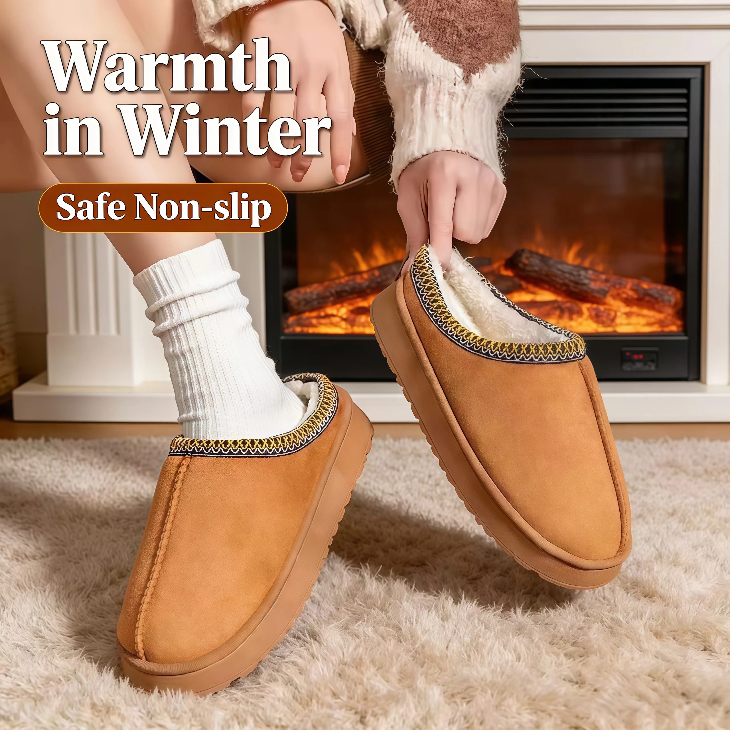 

Плюшевые тапочки с шерстяной подкладкой для зимнего тепла, с толстой подошвой из ЭВА, удобные и нескользящие домашние туфли для использования в помещении и на улице.