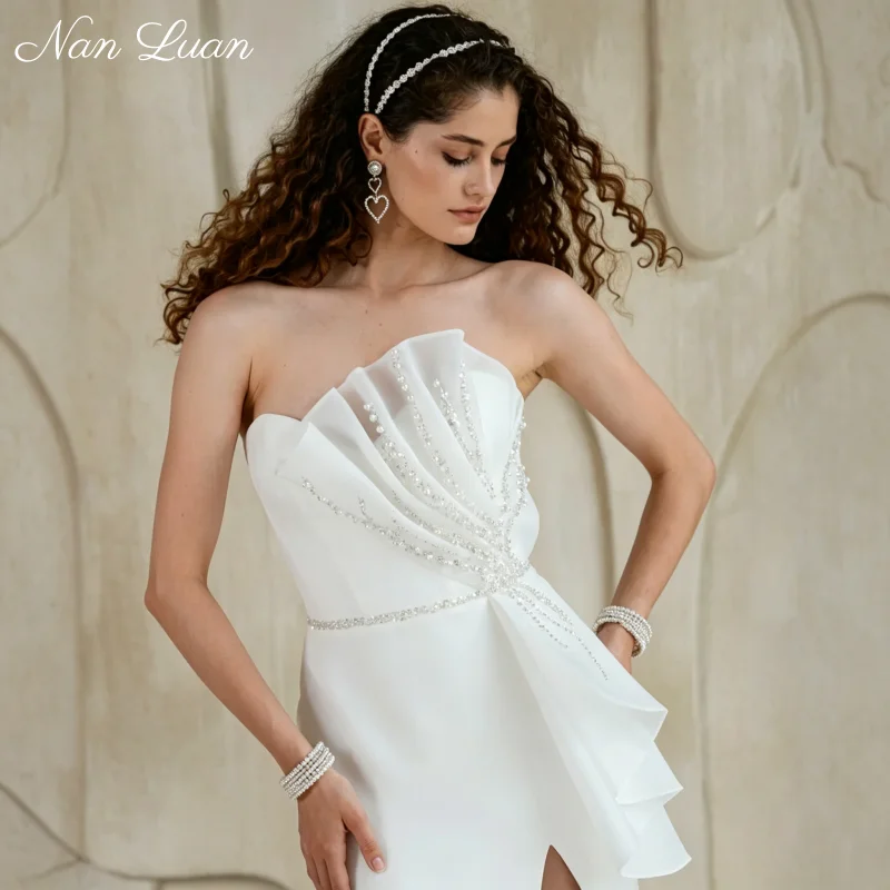 Fan Pleated Bust Strapless Bridal Gown Beaded Waistband High Slit Vestidos De Novia Customized