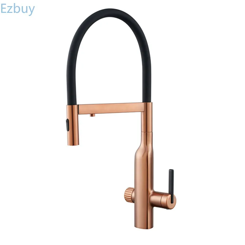 Shiny rose gold brass pull-out hot and cold water single hole kitchen faucet luxury 2 function drinking water mode sink faucet