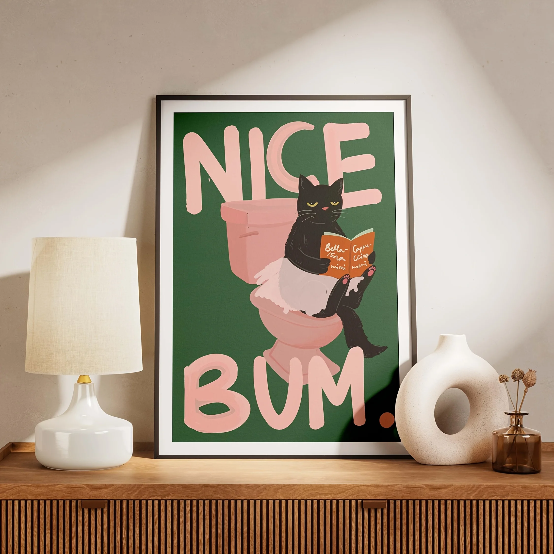 Frameless Canvas Poster - "Nice Bum" Humorous Black Cat Print, Pink Letter Wall Art for Living Room Decor, Modern Indoor Decorat