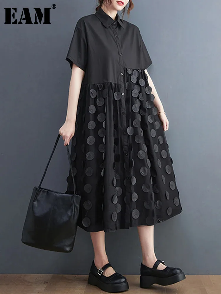 EAM Women Black Big Size Gauze Spliced A-line Shirt Dress New Lapel Short Sleeve Fashion Tide Spring Summer 2025 31A0780