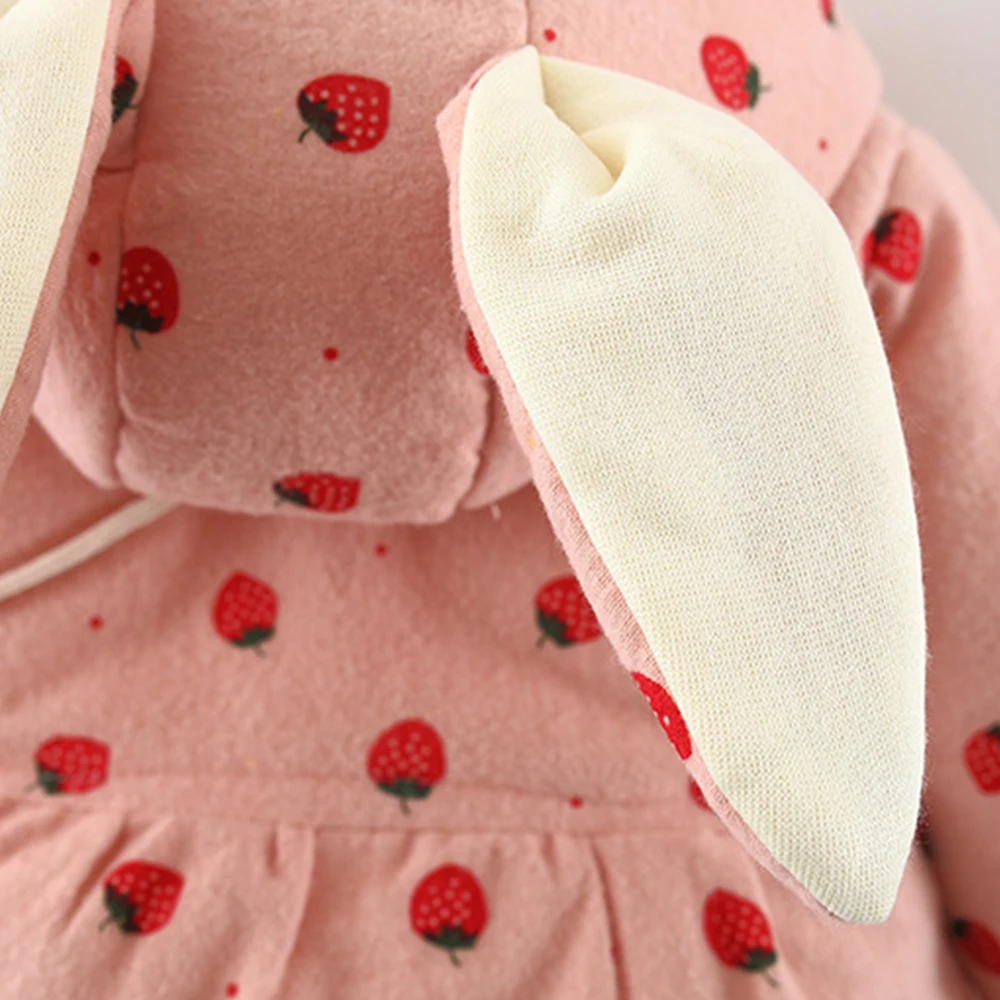 Winter New Girls\' Thick Cotton Coat Hooded Strawberry Printed Rabbit Ear Jacket with Bag Included