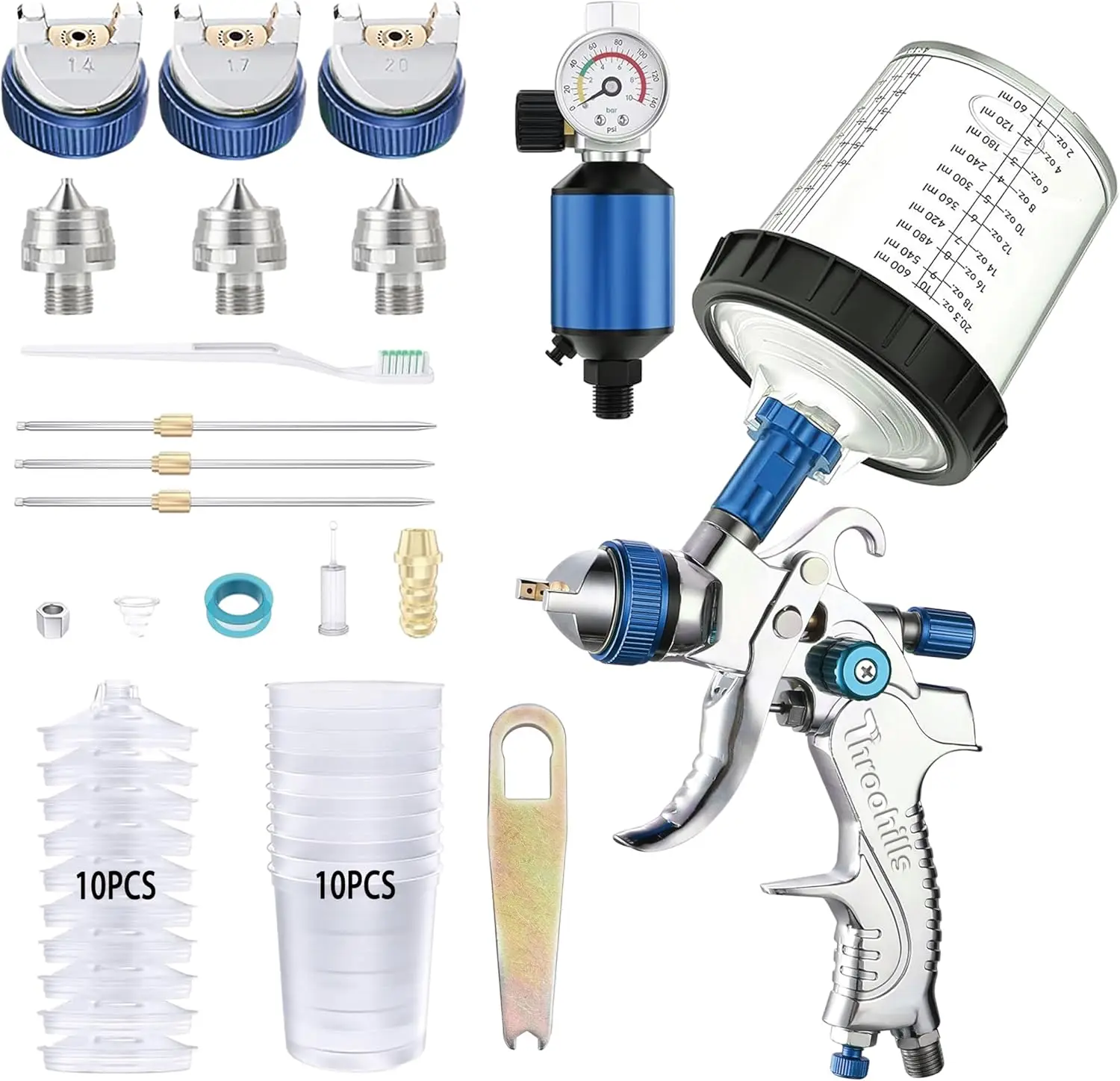 

Профессиональный пистолет-распылитель HVLP Throohills со насадками 1,4 мм и чашкой для смешивания объемом 600 куб.см включает манометр для автоматической покраски, грунтовки и верхних покрытий.